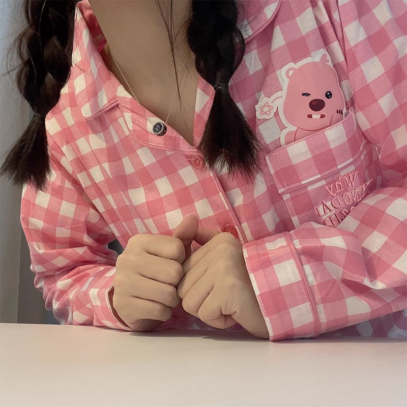 Cute Beaver Ruby Pajamas for Women Spring and Autumn 2024 New Korean Ins Plaid Long Sleeve Home Clothes Set