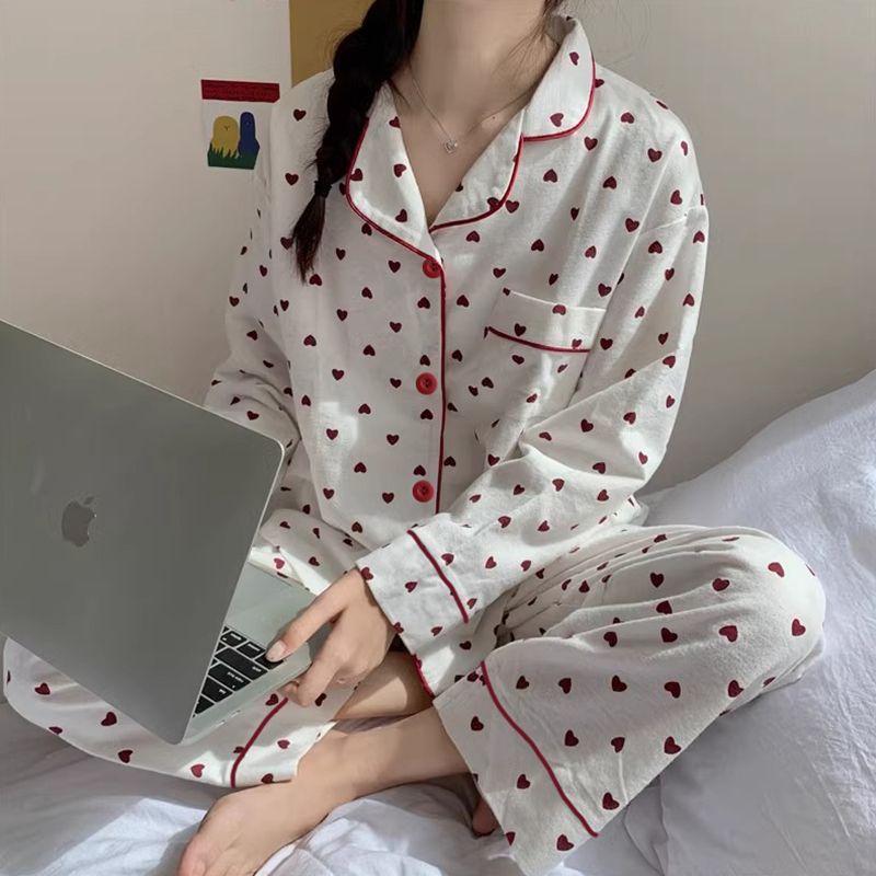 Love printed long-sleeved trousers pajamas for women spring and autumn new sweet girl can wear autumn and winter home clothes set