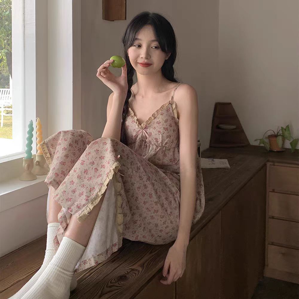 Pure desire floral sexy suspender pajamas women's summer Korean style trousers thin sweet home clothes with chest pads