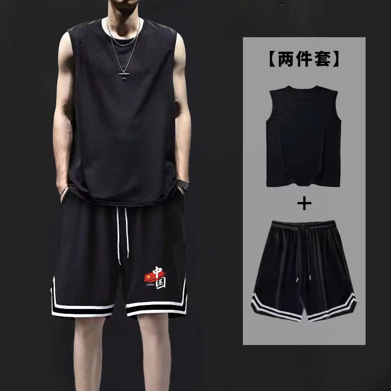 夏季冰丝背心男士短裤套装坎肩速干宽松大码无袖运动篮球两件套潮