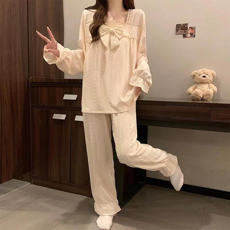 New girls' pajamas with breast pads, spring and summer long-sleeved trousers, high-end lace, fresh and cute suits, home clothes