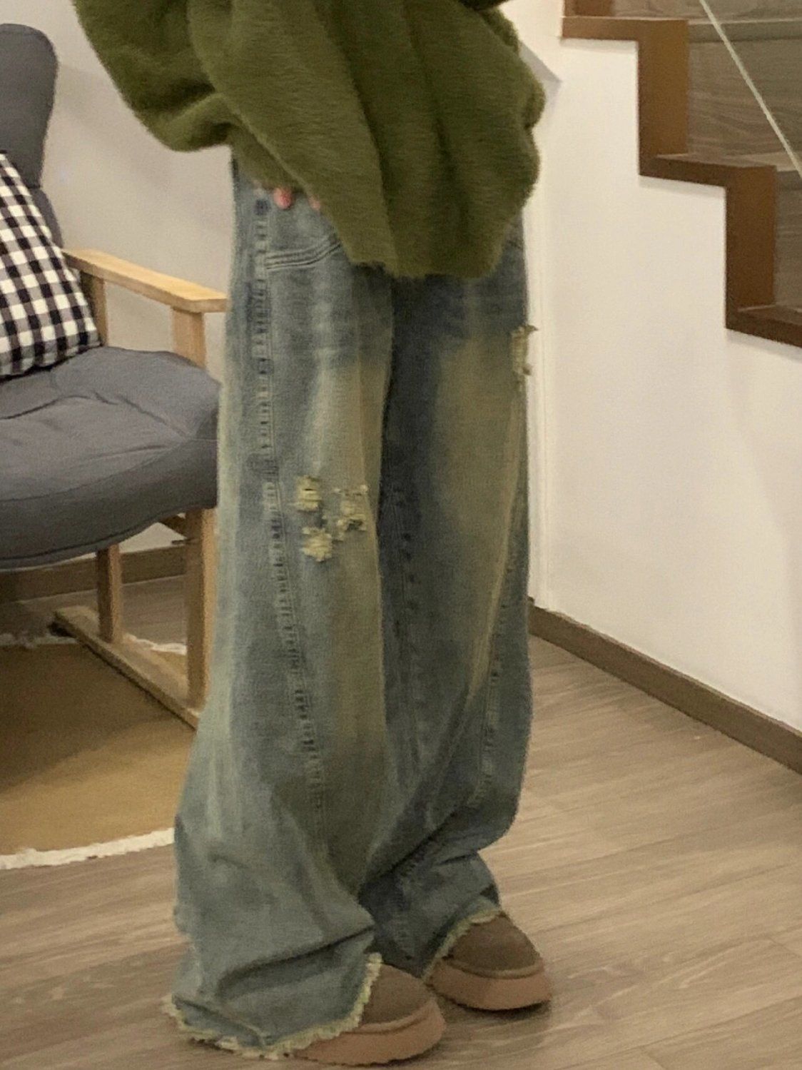 American style distressed retro washed raw-edge jeans for women petite high-waisted loose worn wide-leg floor-length trousers