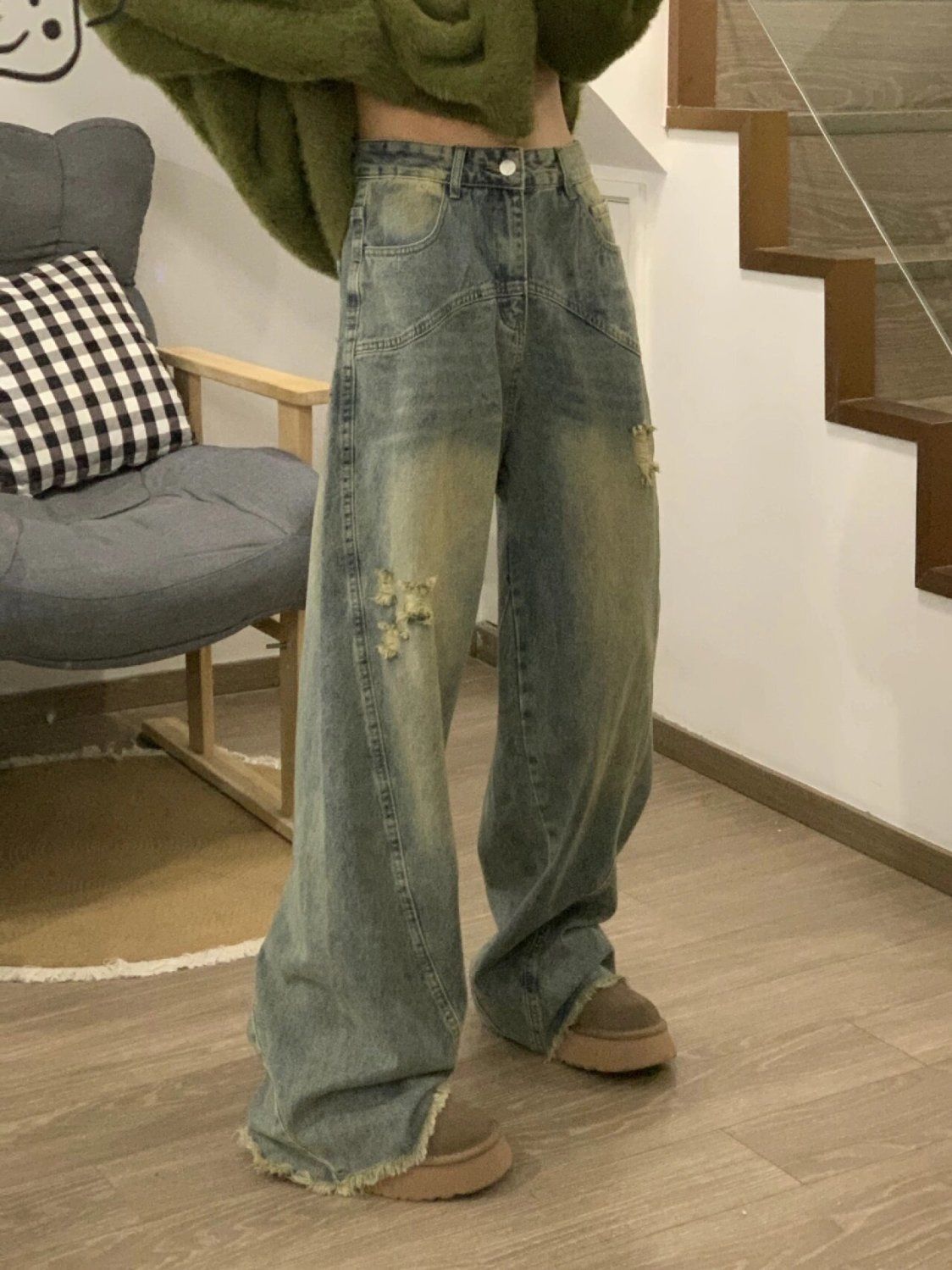 American style distressed retro washed raw-edge jeans for women petite high-waisted loose worn wide-leg floor-length trousers