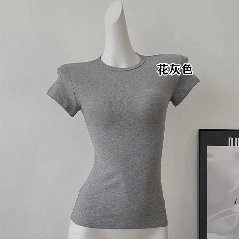 American hot girl figure-showing stretchy shoulder T-shirt women's summer slimming slimming waist short-sleeved solid color round neck top