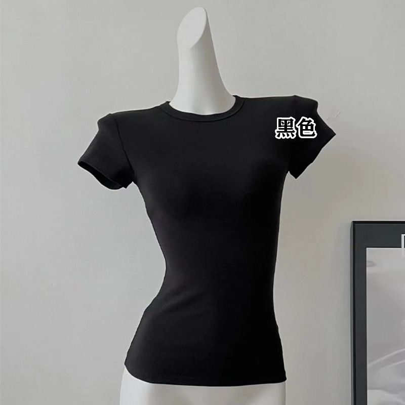 American hot girl figure-showing stretchy shoulder T-shirt women's summer slimming slimming waist short-sleeved solid color round neck top