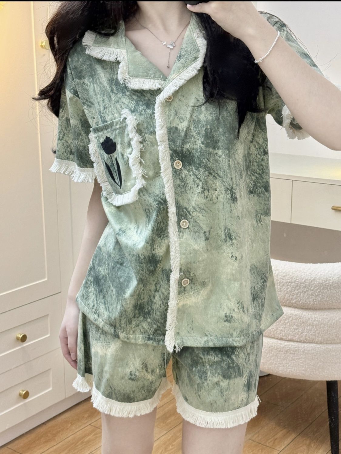 New Chinese style national style ink texture pajamas for women spring and summer 2024 new style lapel tassel edges can be worn outside home clothes