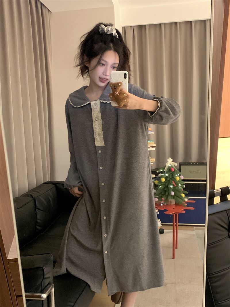 Korean version of cute babydoll, confinement dress, nightgown, pajamas for women, spring and autumn long-sleeved thickened home clothes, large size 200 pounds