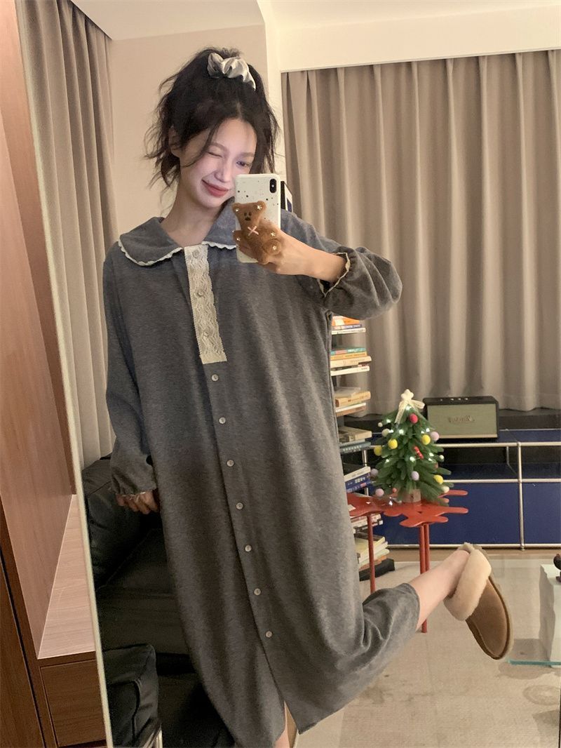 Korean version of cute babydoll, confinement dress, nightgown, pajamas for women, spring and autumn long-sleeved thickened home clothes, large size 200 pounds