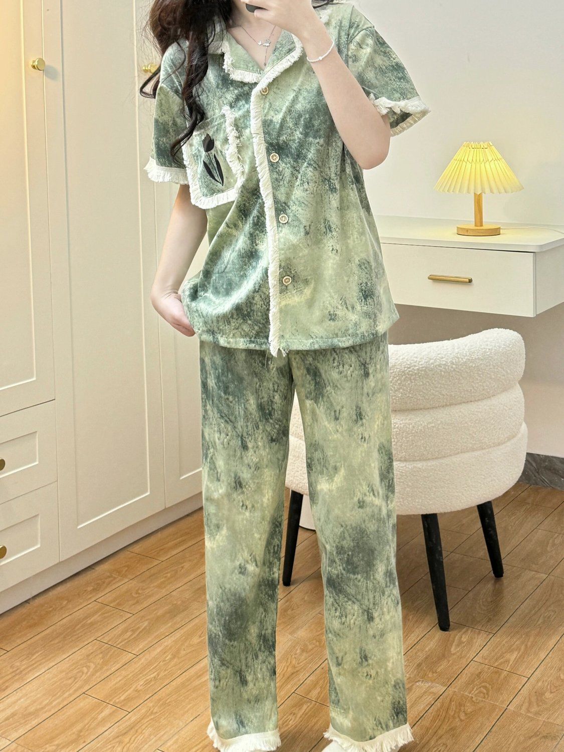New Chinese style national style ink texture pajamas for women spring and summer 2024 new style lapel tassel edges can be worn outside home clothes