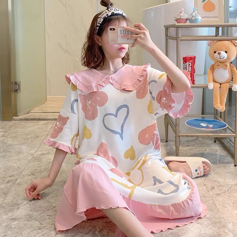 Pajamas, nightgowns, summer short-sleeved student internet celebrity new large size spring and autumn loose, cute and sweet thin home clothes