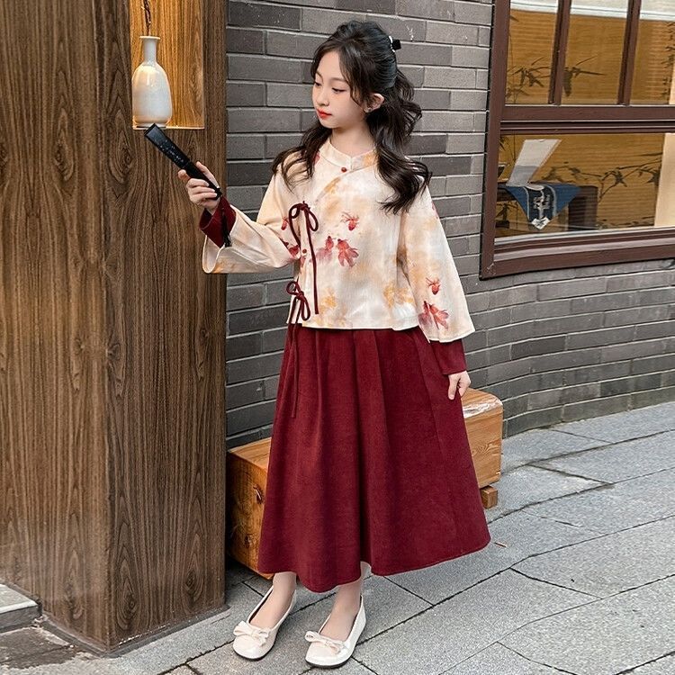 Girls' Hanfu Spring and Autumn 2024 New Style Western-style Children's Spring Clothing Suit Chinese-style National Style Children's Skirt Two-piece Set