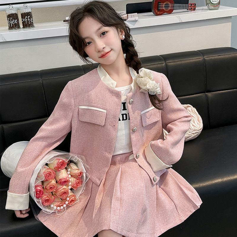 Girls' small fragrance suit 2024 spring new fashionable children's long-sleeved pleated skirt set for girls and older children two-piece set