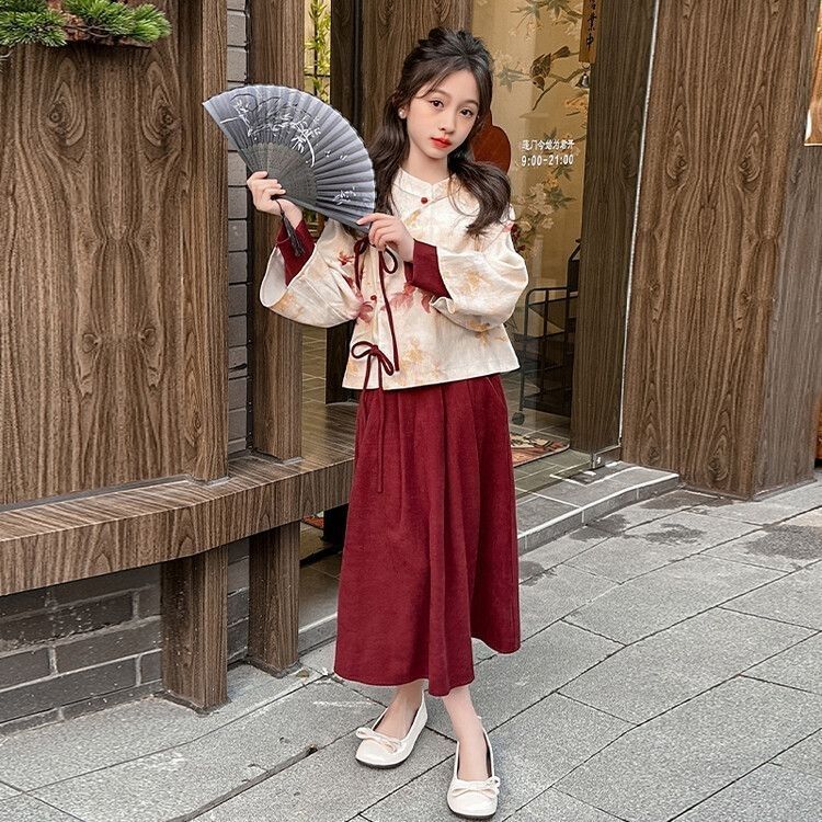 Girls' Hanfu Spring and Autumn 2024 New Style Western-style Children's Spring Clothing Suit Chinese-style National Style Children's Skirt Two-piece Set
