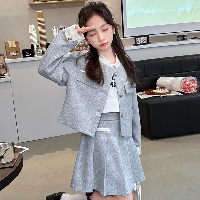 Girls' small fragrance suit 2024 spring new fashionable children's long-sleeved pleated skirt set for girls and older children two-piece set