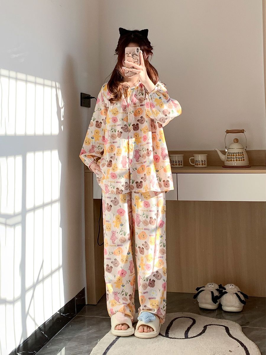 Cartoon bear print long-sleeved round neck pajamas for women spring and autumn 2024 new internet celebrity style trousers home wear set