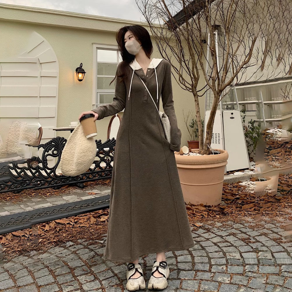 Korean style long-sleeved hooded dress for women, age-reducing waist, slimming and flesh-covering, young lace-up over-the-knee long skirt