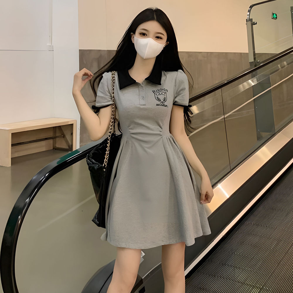 College style lapel dress women's summer Polo waist slimming A-line skirt casual commuting simple high-waisted skirt