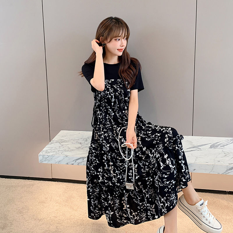 Summer dress fake two-piece outer style splicing short-sleeved mid-length skirt women's slimming and flesh-covering high-end floral skirt