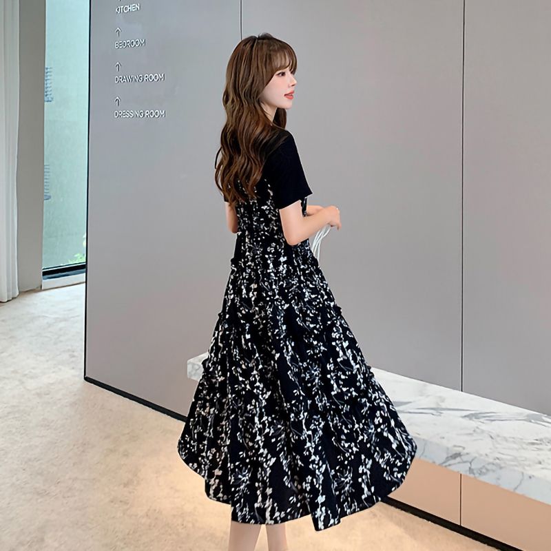 Summer dress fake two-piece outer style splicing short-sleeved mid-length skirt women's slimming and flesh-covering high-end floral skirt