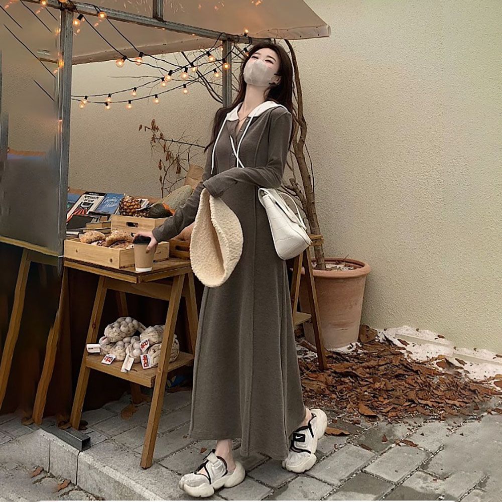 Korean style long-sleeved hooded dress for women, age-reducing waist, slimming and flesh-covering, young lace-up over-the-knee long skirt