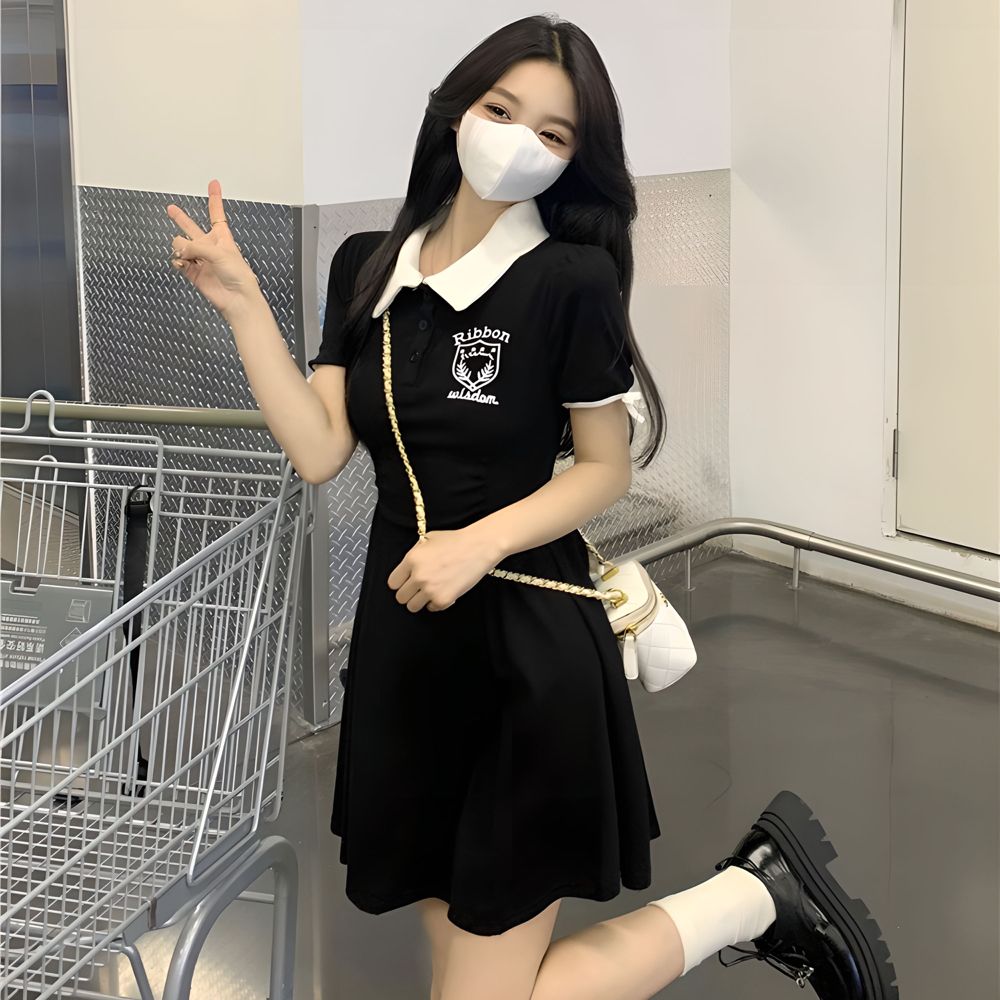 Summer college style waist dress POLO sweet temperament slimming stitching contrasting color short-sleeved women's A-line skirt