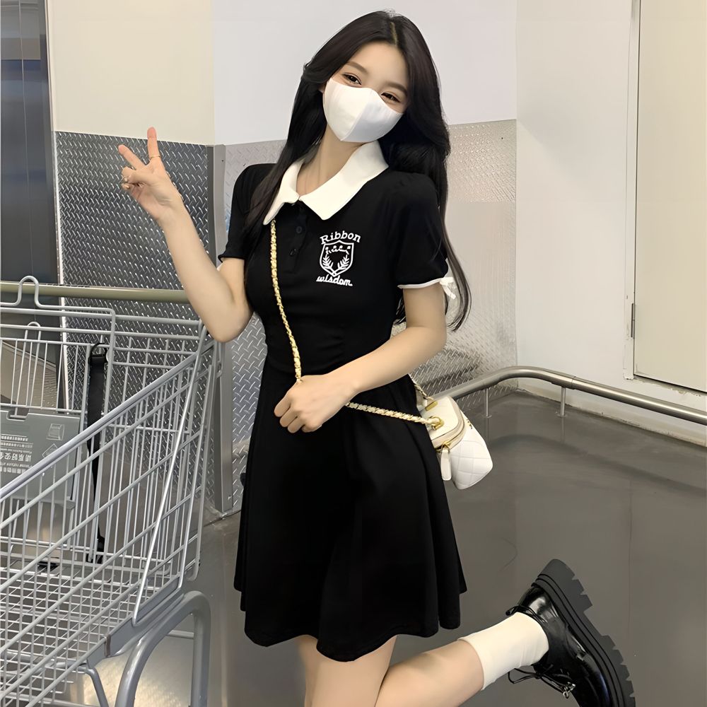 College style lapel dress women's summer Polo waist slimming A-line skirt casual commuting simple high-waisted skirt