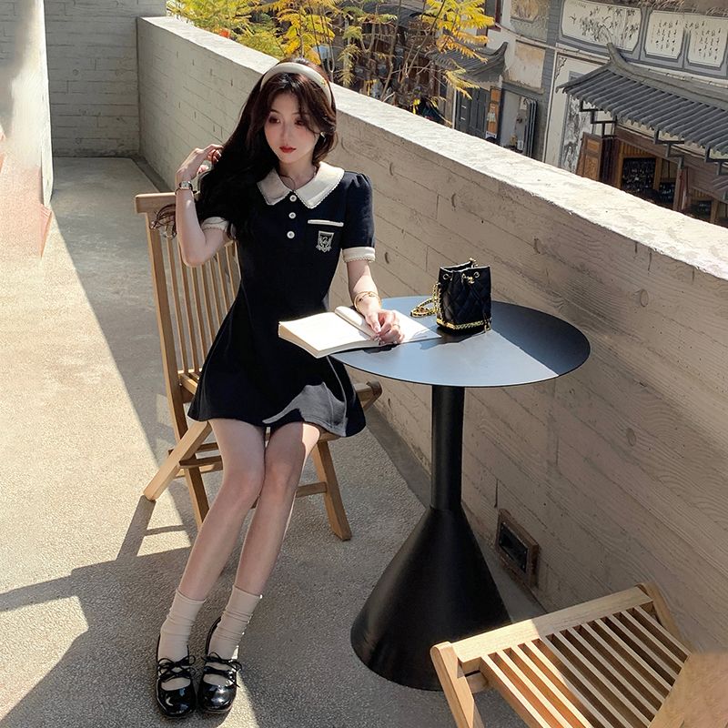 Design sense POLO splicing contrasting color mid-length skirt waist slimming summer women's short-sleeved slim-fitting skirt