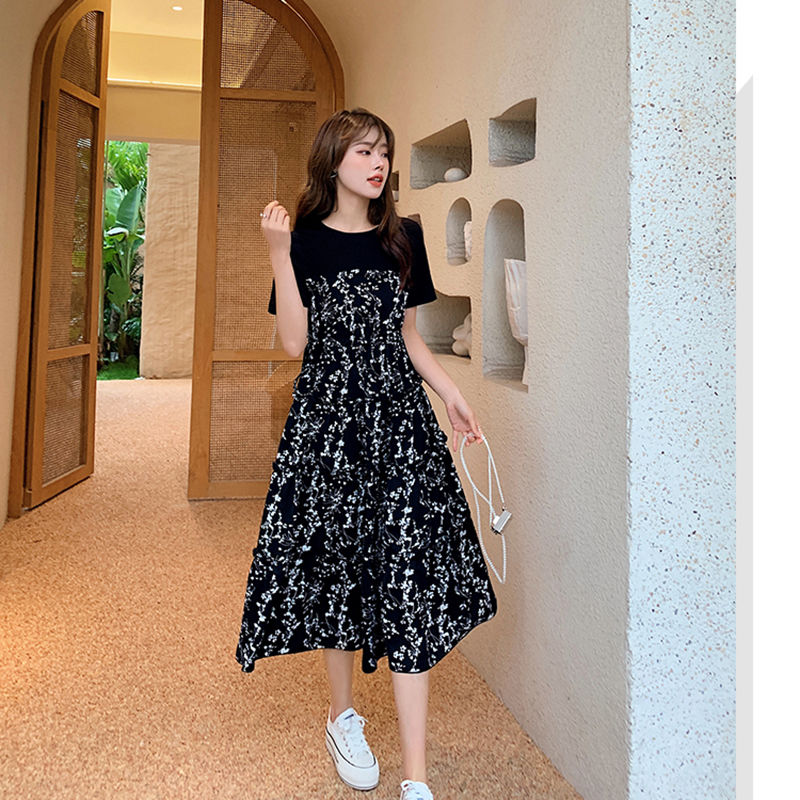 Summer dress fake two-piece outer style splicing short-sleeved mid-length skirt women's slimming and flesh-covering high-end floral skirt