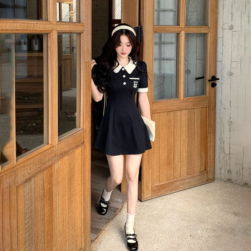 Sports style black versatile outer lapel dress with waist slimming summer women's A-line skirt covering the flesh mid-length skirt