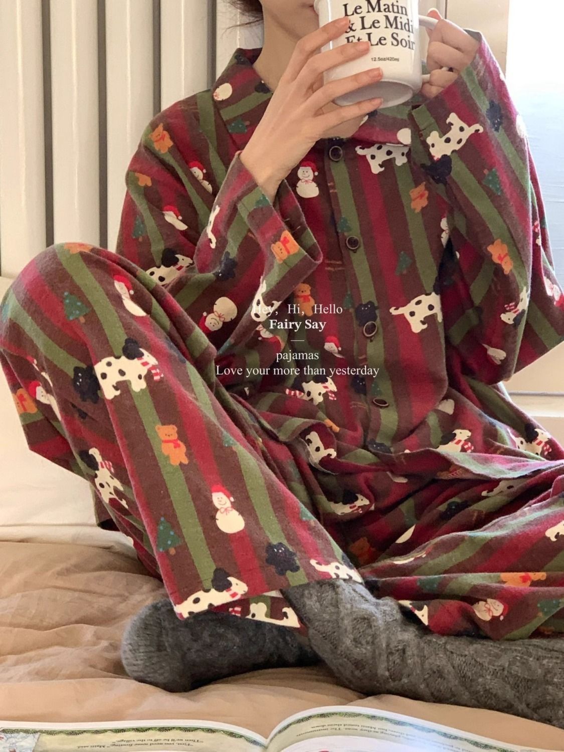 Internet celebrity ins Korean style pajamas for women spring and autumn 2024 new striped puppy long-sleeved cardigan home wear set