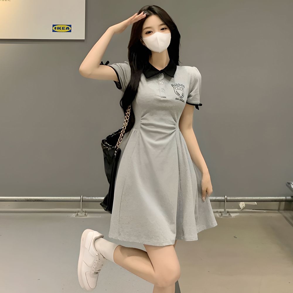 Summer college style waist dress POLO sweet temperament slimming stitching contrasting color short-sleeved women's A-line skirt