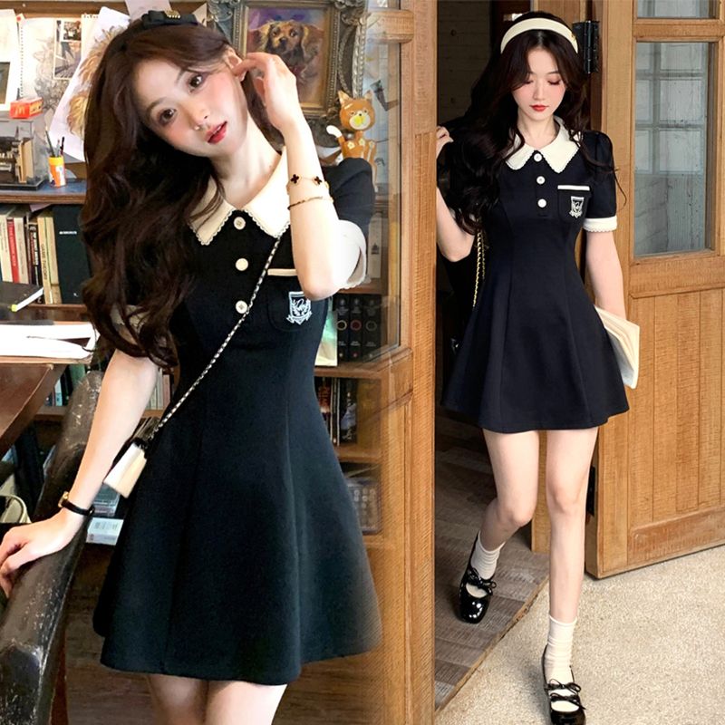 Sports style black versatile outer lapel dress with waist slimming summer women's A-line skirt covering the flesh mid-length skirt