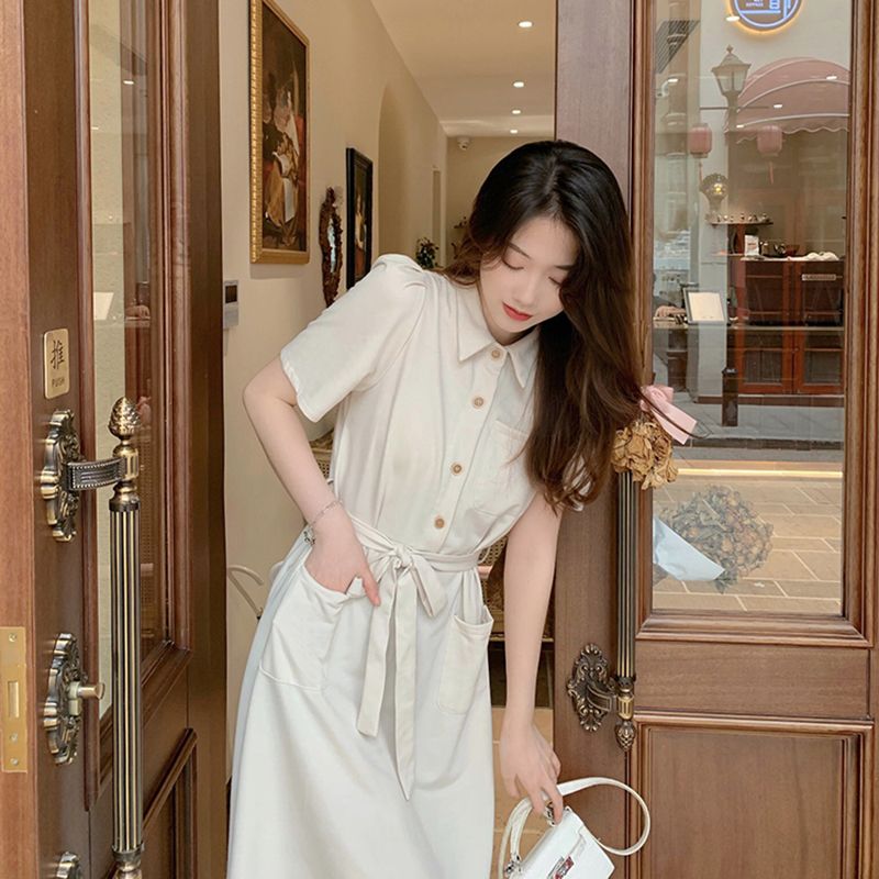 Summer POLO collar shirt dress, casual, solid color mid-length skirt, women's strappy, simple, slimming, flesh-covering A-line skirt