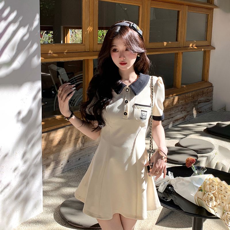 Summer women's clothing slimming high-waisted A-line skirt POLO collar splicing contrasting color temperament mid-length skirt versatile commuting style