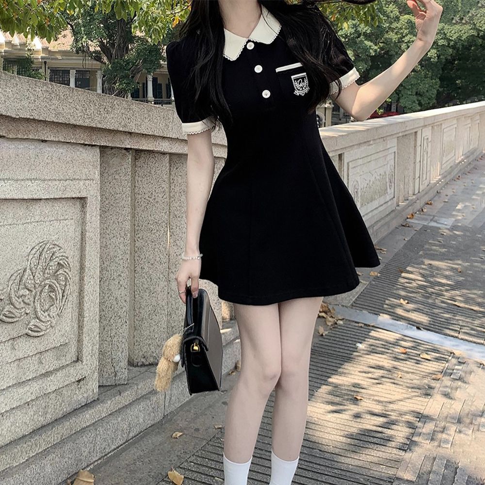 Retro lapel dress, summer women's clothing, simple and versatile commuting A-line skirt, waist slimming, small fragrant style mid-length skirt