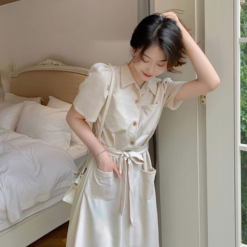 Shirt Dress Summer New Korean Style Loose Over-the-Knee Long Skirt Women's Slim Temperament Casual Strap Commuting Skirt