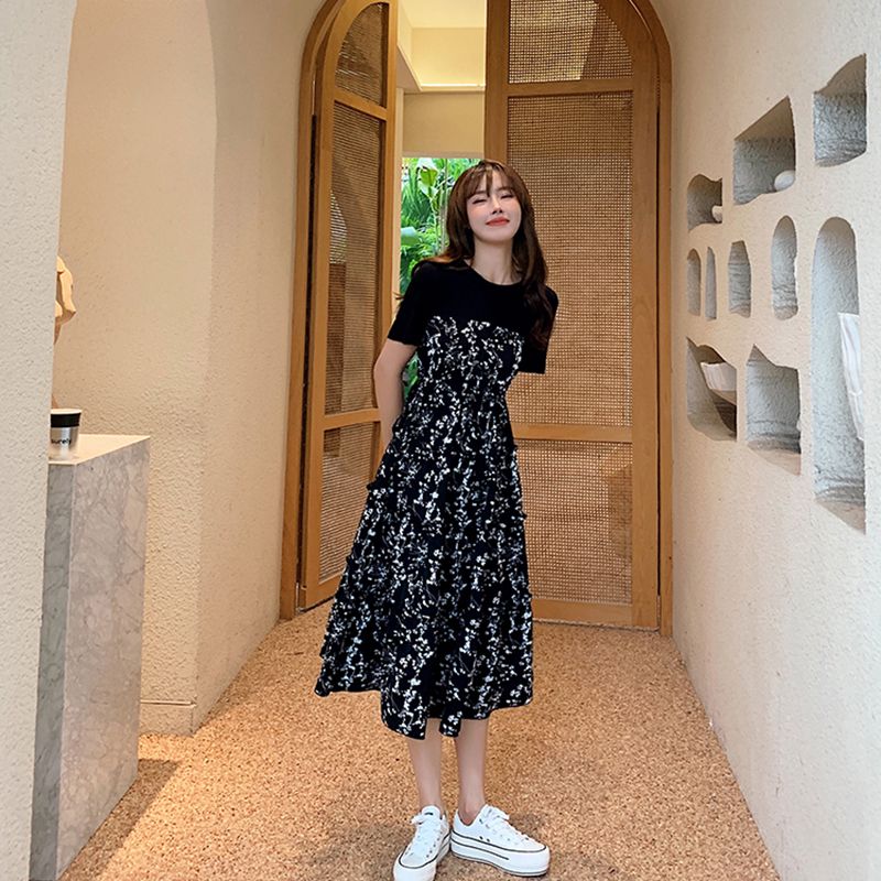 Summer dress fake two-piece outer style splicing short-sleeved mid-length skirt women's slimming and flesh-covering high-end floral skirt