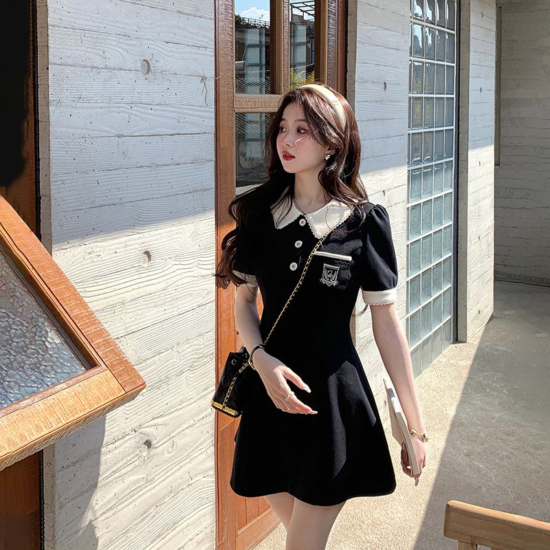 Sports style black versatile outer lapel dress with waist slimming summer women's A-line skirt covering the flesh mid-length skirt