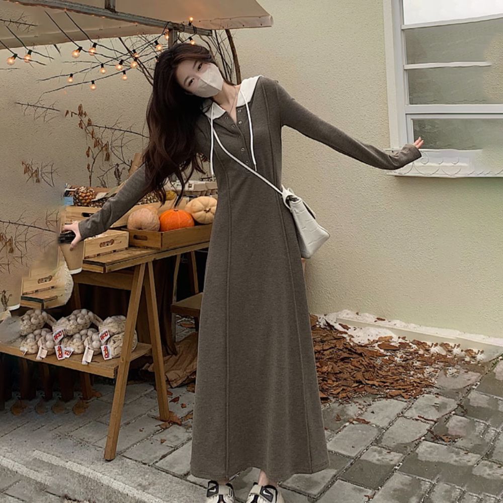 Korean style long-sleeved hooded dress for women, age-reducing waist, slimming and flesh-covering, young lace-up over-the-knee long skirt