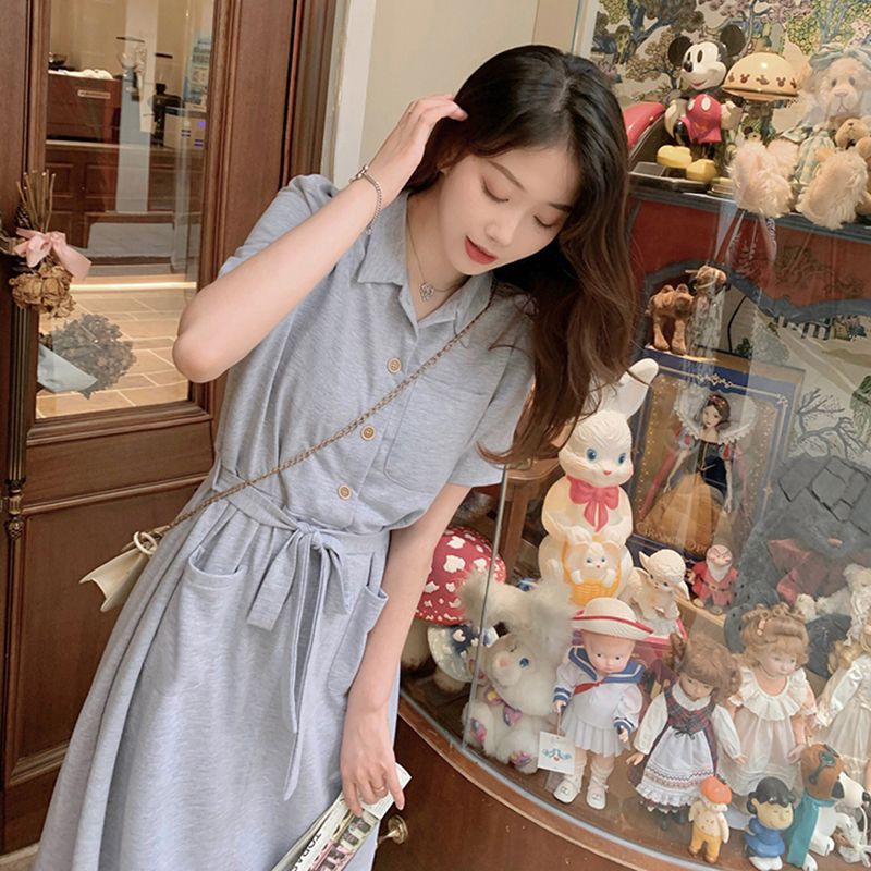 Summer POLO collar shirt dress, casual, solid color mid-length skirt, women's strappy, simple, slimming, flesh-covering A-line skirt