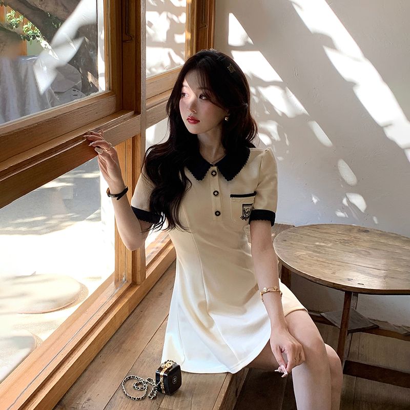 Summer women's clothing slimming high-waisted A-line skirt POLO collar splicing contrasting color temperament mid-length skirt versatile commuting style