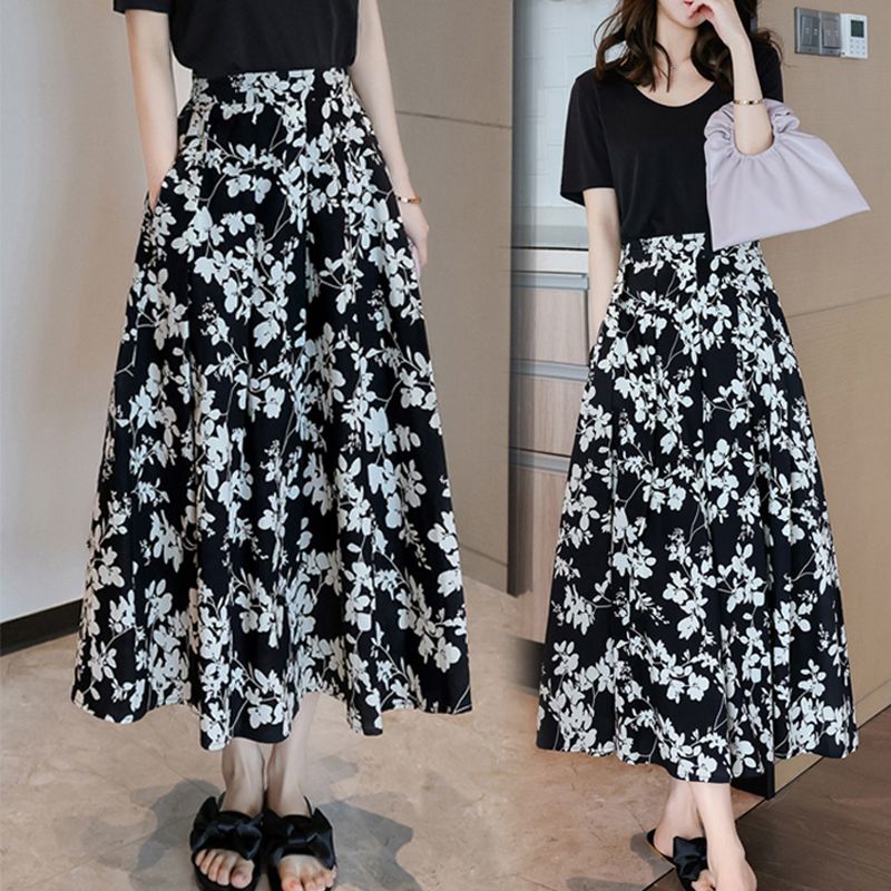 Temperament and versatile commuting elegant women's small floral skirt summer slimming high waist mid-length skirt French A-line skirt