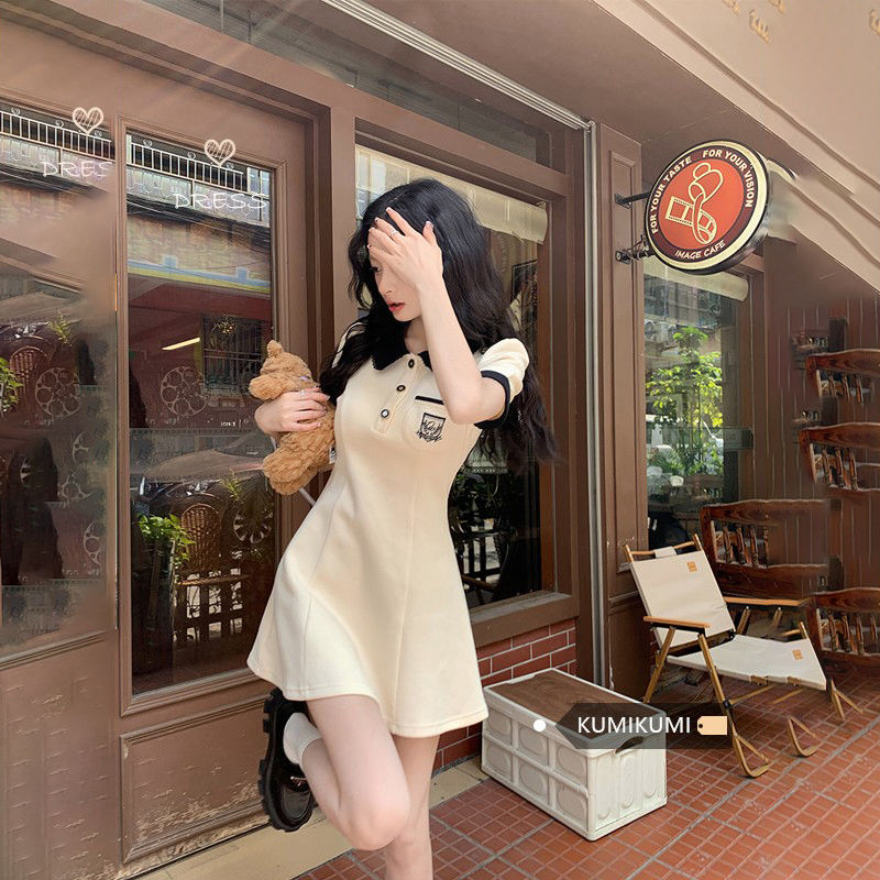 Retro lapel dress, summer women's clothing, simple and versatile commuting A-line skirt, waist slimming, small fragrant style mid-length skirt