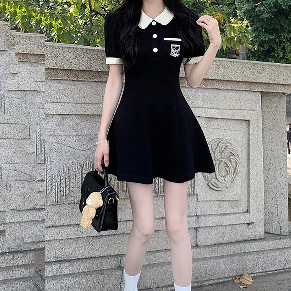 Small fragrant style POLO collar patchwork waist slimming high waist A-line skirt ins summer women's mid-length commuting all-match skirt