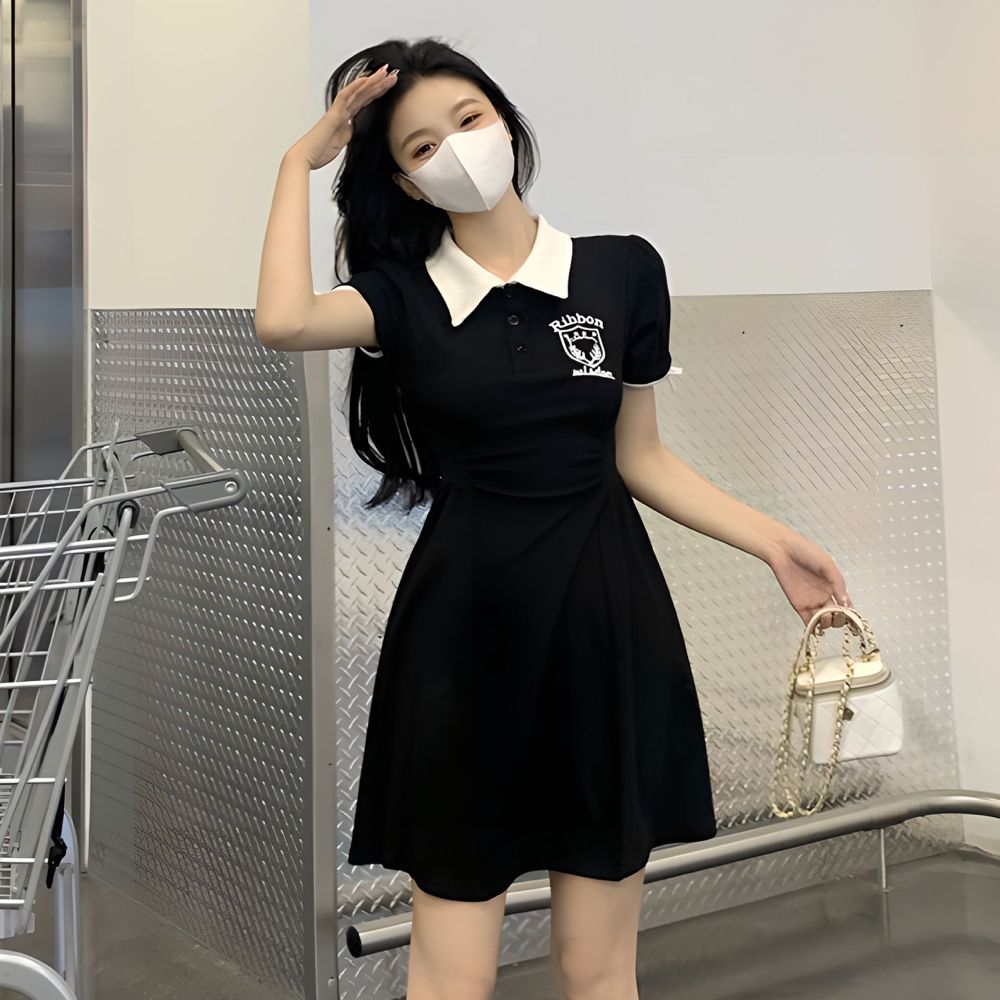 College style lapel dress women's summer Polo waist slimming A-line skirt casual commuting simple high-waisted skirt