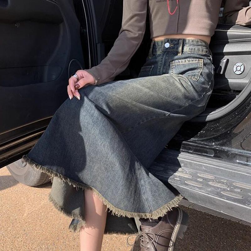 American retro raw edge denim skirt for women 145 small, medium and long, high-waisted and slim fishtail skirt, hip skirt