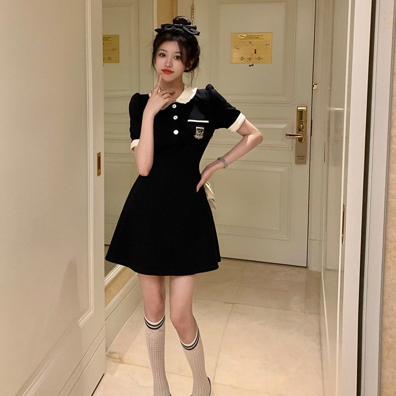 Summer women's clothing slimming high-waisted A-line skirt POLO collar splicing contrasting color temperament mid-length skirt versatile commuting style