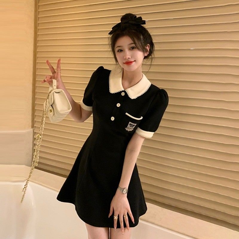 Summer women's clothing slimming high-waisted A-line skirt POLO collar splicing contrasting color temperament mid-length skirt versatile commuting style