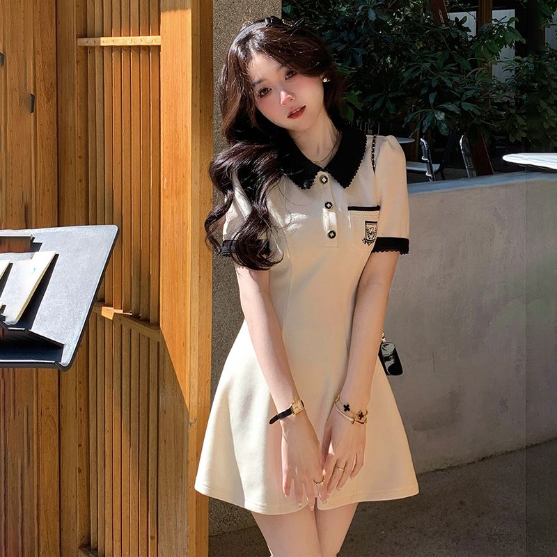 Sports style black versatile outer lapel dress with waist slimming summer women's A-line skirt covering the flesh mid-length skirt