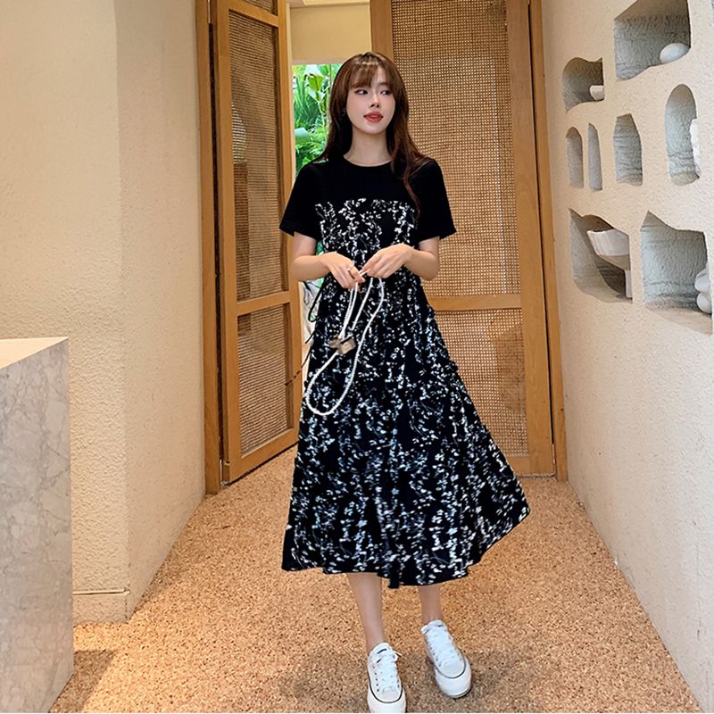 Summer dress fake two-piece outer style splicing short-sleeved mid-length skirt women's slimming and flesh-covering high-end floral skirt